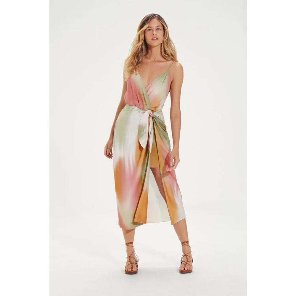 ViX Paula Hermanny Duala Gisa Tie Dye V-Neck Wrap Midi Dress Multi Womens Size 4